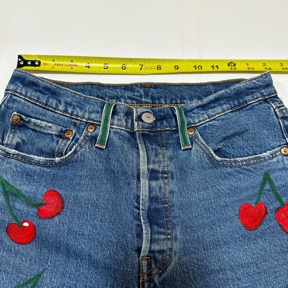 Levi's 501 Women Jeans‎ Button Fly Skinny Custom Handpainted Cherry French W28